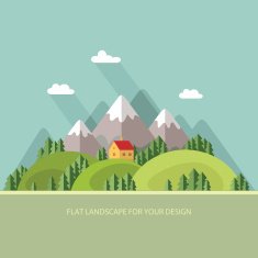 Landscape Houses in the mountains among trees Flat style N9