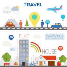 flat travel and country house with infographic icons