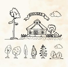 retro elements trees and house N2