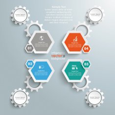 4 Colored Hexagons Connected Gears