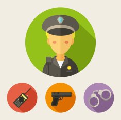 Set of flat style icons Policeman radio set gun handcuffs