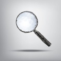 Magnifying glass symbol in modern low polygonal shapes on grey N3