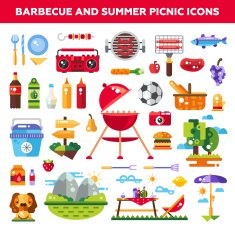 Set of flat design barbecue and summer picnic icons infographics