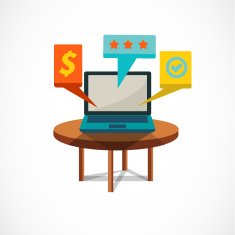 Tablet with icon on wood table - vector illustration