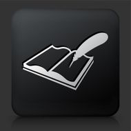 Black Square Button with Open Book and Quill Pen N2