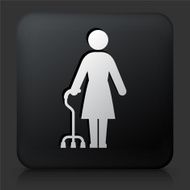 Black Square Button with Woman Holding a Cane