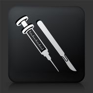 Black Square Button with Syringe and Scalpel