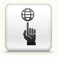 White Square Button with Hand Holding Globe