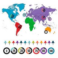 colorful world map with labels and pins