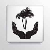 Square Icon With Two Hands Cupping Palm Trees Silhouette