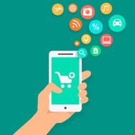 Smartphone apps shopping infographics with hand holding a phone N2