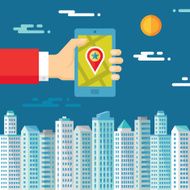 Smartphone with location in human hand and cityscape N2