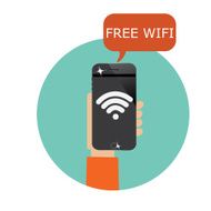 hand holding mobile phone with free wi fi