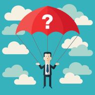 Confused business man with parachute and question mark Businessman fail