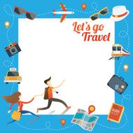 Couple run with Travel Objects Icons Frame
