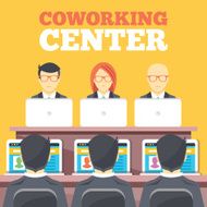 Coworking center business meeting office workplace flat illustration concepts set