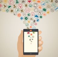 Mobile app development concept Cloud media icons around tablet pc