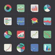 Colorful flat graph icons on dark background