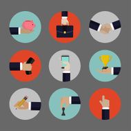 Hands with business object icons set in flat style