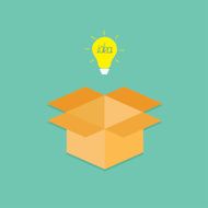 Light bulb opened cardboard package box Business Idea concept Flat