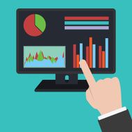 hand pointing to led monitor for analytics information