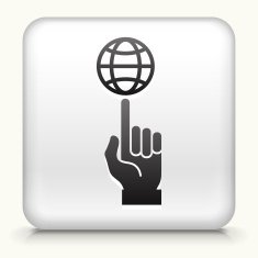 White Square Button with Hand Holding Globe