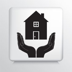Square Icon With Two Hands Cupping a Residential House Silhouette
