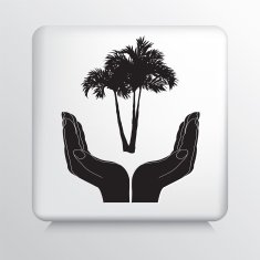 Square Icon With Two Hands Cupping Palm Trees Silhouette