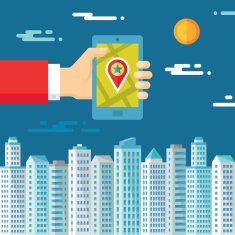 Smartphone with location in human hand and cityscape N2