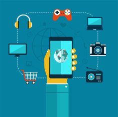 Ð¡oncept of mobiles app phone in hand shopping entertainment