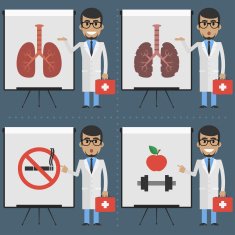 Adult doctor indicates on flipchart infographics