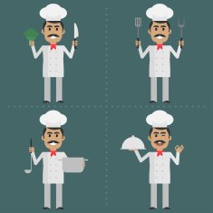 Adult cook shows gestures and holds utensils