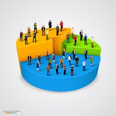 Many people standing on pie chart