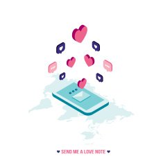 Isometric phone with hearts St Valentines Day love notes
