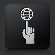 Black Square Button with Globe on Human Finger