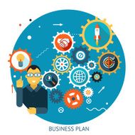 Businessman Describes Successful Strategy Plan Infographic Symbol Gears icons on N2