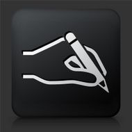Black Square Button with Hand Holding a Pencil