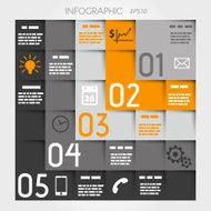 orange five L options square infographic with icons