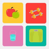 Healthy life style icon set Apple dumbbells water weight scale