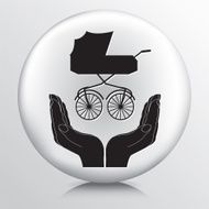 Round Icon With Two Hands Cupping a Baby Carriage Silhouette