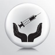 Round Icon With Two Hands Cupping a Medical Needle Syringe
