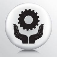 Round Icon With Two Hands Cupping a Cog Gear Silhouette