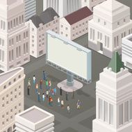 People in the square looking at billboard
