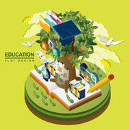 flat 3d isometric education concept illustration over green N2