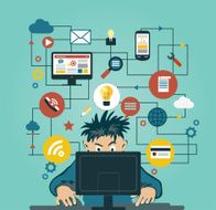 man at a computer surrounded by icons N2
