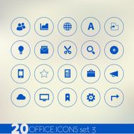 Thin simple office 3 blue icons on light background