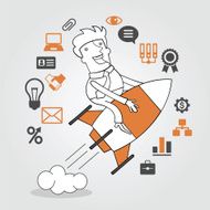 Man sitting on a rocket surrounded by icons