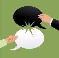 Man and woman holding clashing speech bubbles