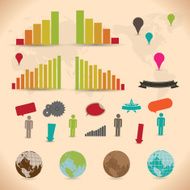 Mixed icon set including diagrams globes pins and other elements