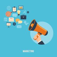 Hand holding megaphone and business media icons